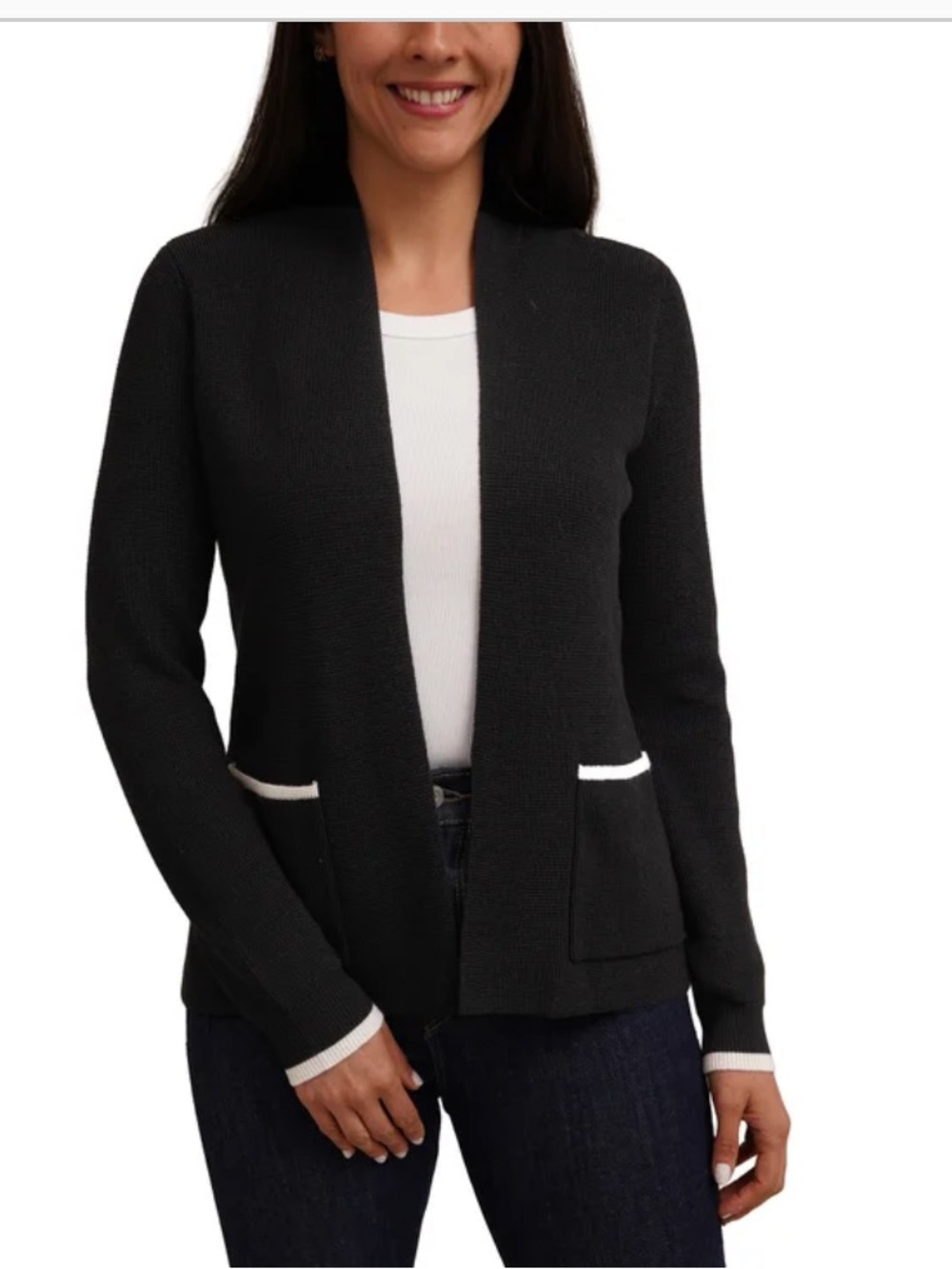 NEW Cyrus Black Open-Front Cardigan with White Trim